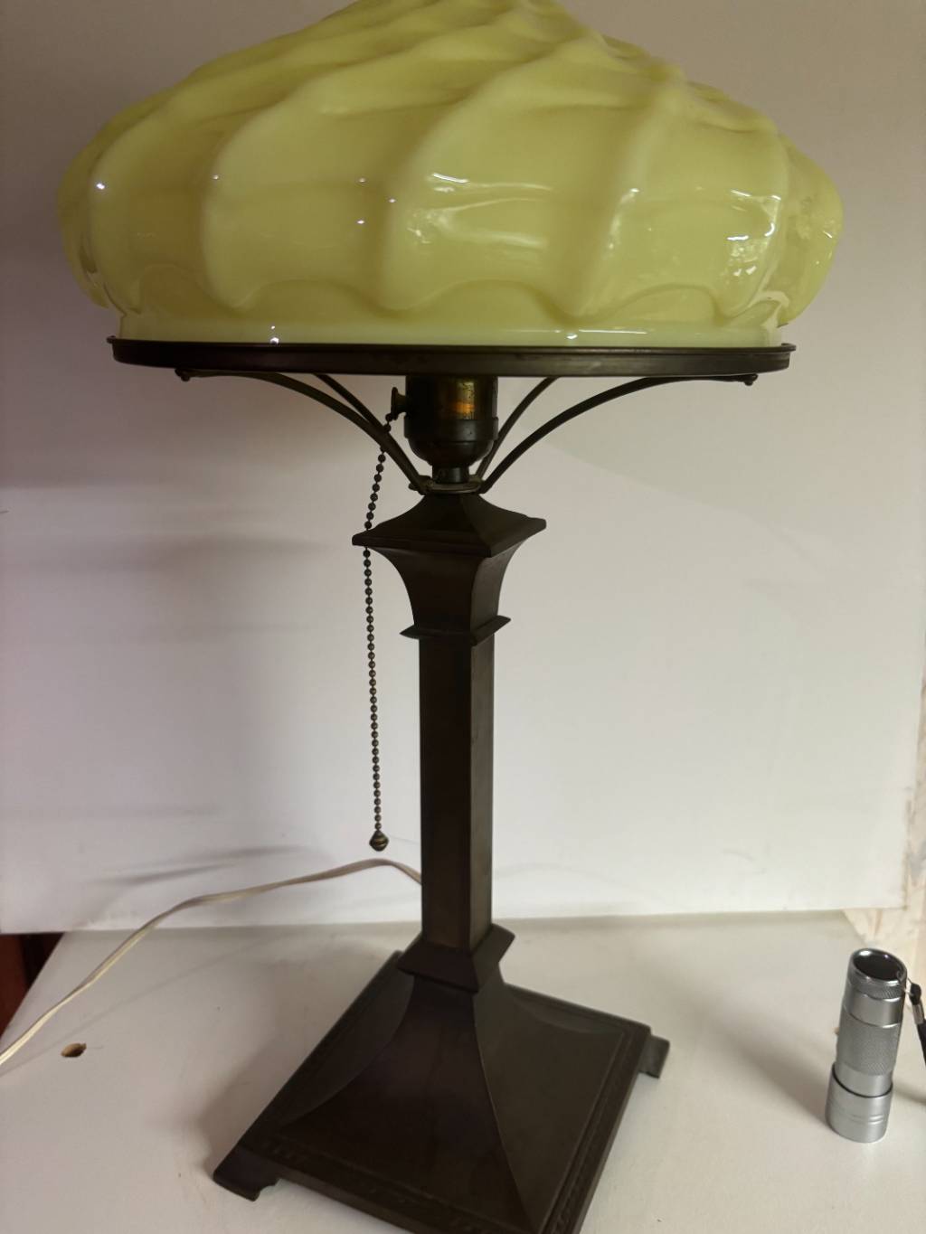 Rare Art Deco Vaseline Glass Table Lamp | UV Reactive Uranium & Metal Base
