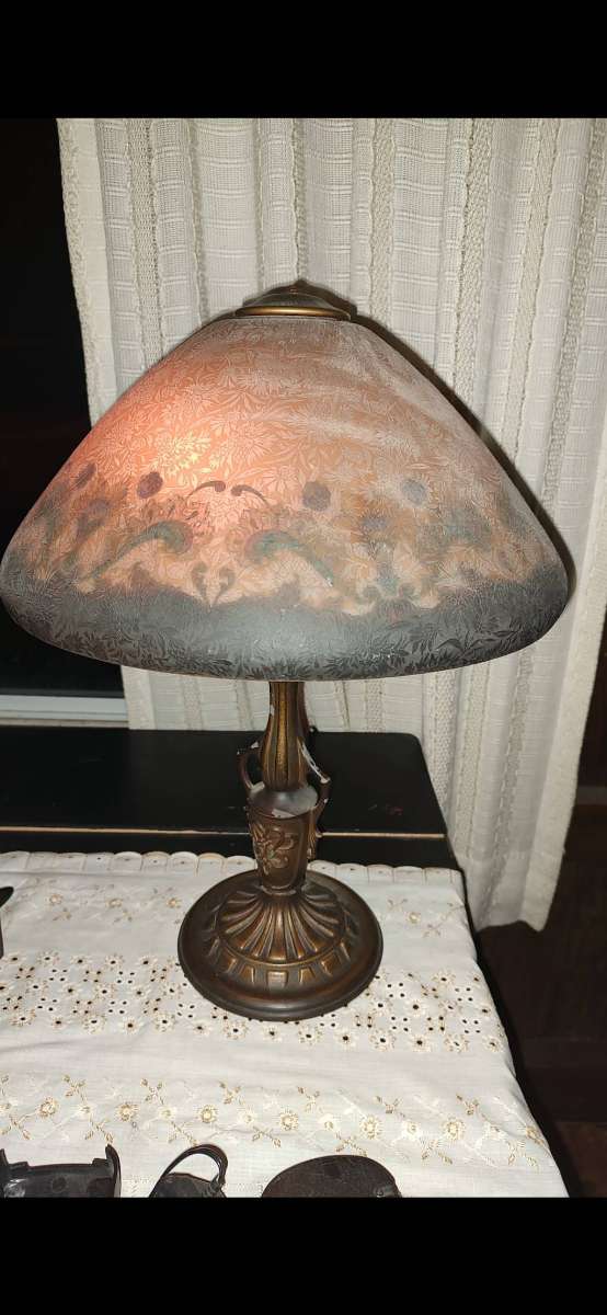 Antique Table Lamp — 1920s/Early 1900s, Brass Base, Damask Shade