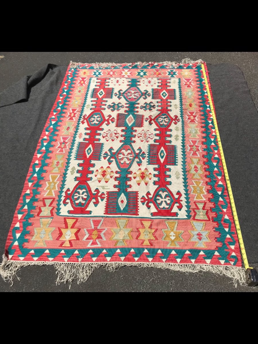 Vintage silk on silk killim rugs. (2). Vintage virgin knot wool rug