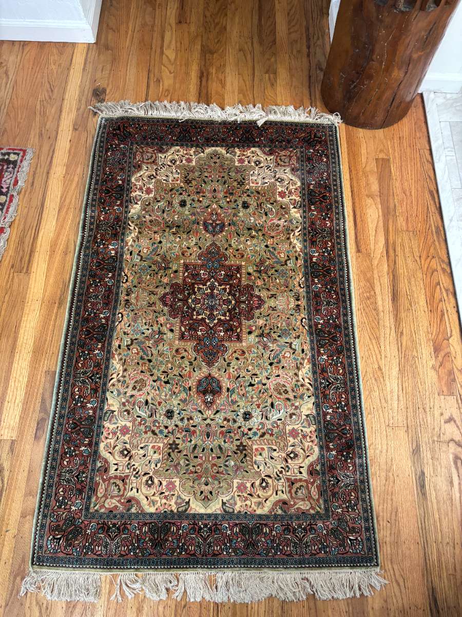 Item 1048 - Kushmer, saruck antique silk rug. Gold/Burgundy