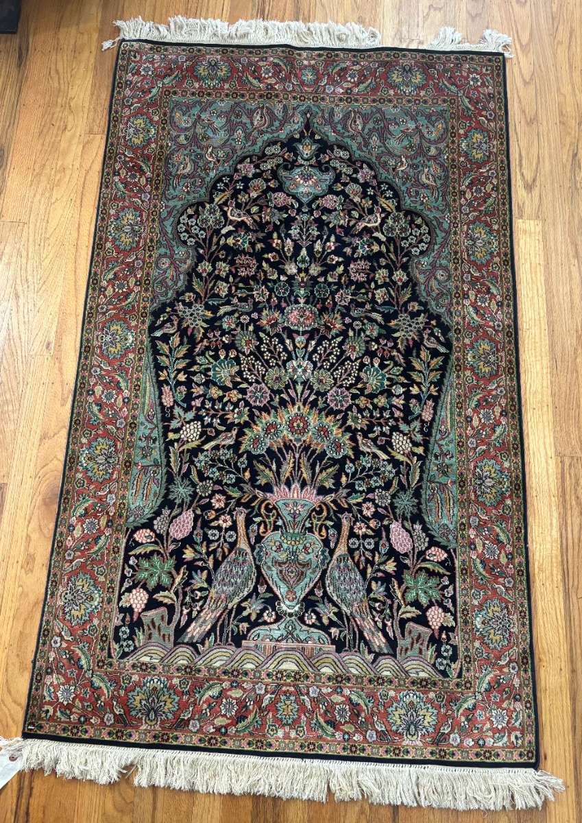 Item 1044 - Kushmer, saruck silk antique rug. Birds/Vase design