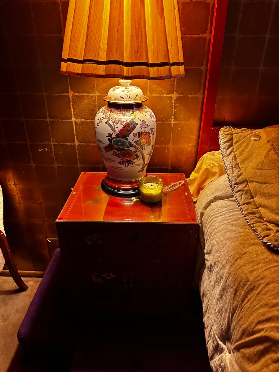 Satsuma-Style Porcelain Vase Table Lamp with Bird & Peony Decoration on Red Lacquer Nightstand