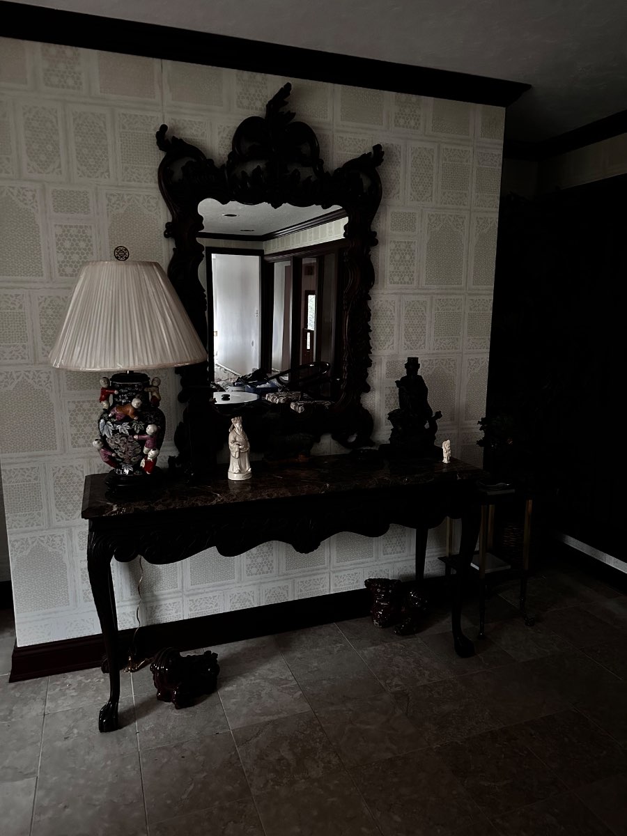 Carved Dark Wood Console Table with Marble Top, Ornate Mirror & Porcelain Lamp