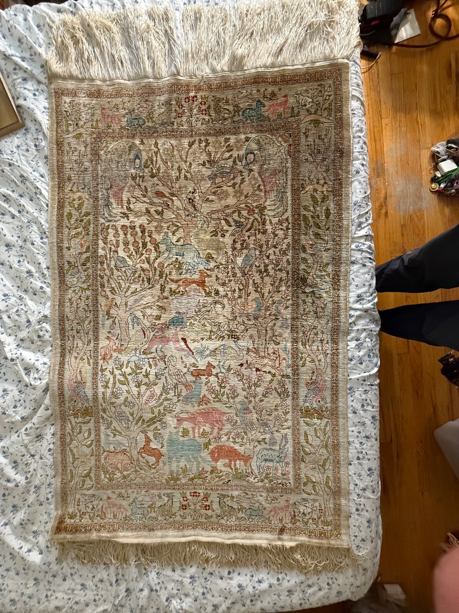 Qum-Style Silk Pictorial Rug, Approximately 35 x 66 in