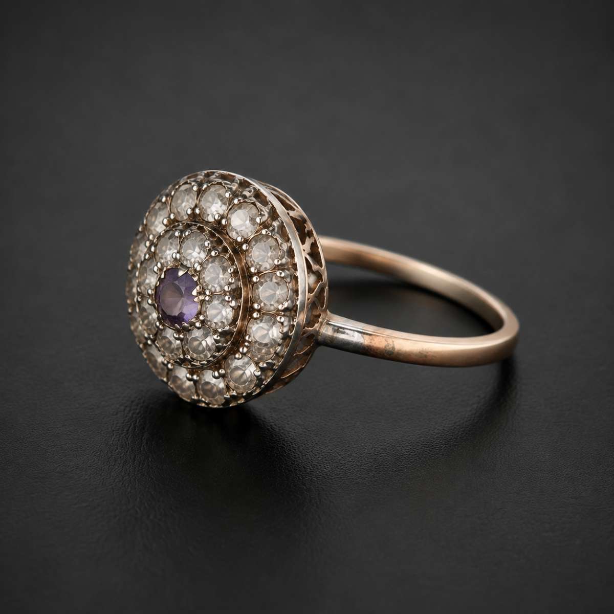 Victorian Era Diamond Cluster Ring – Antique 14K Rose Gold Estate Jewelry with Purple Gemstone Center