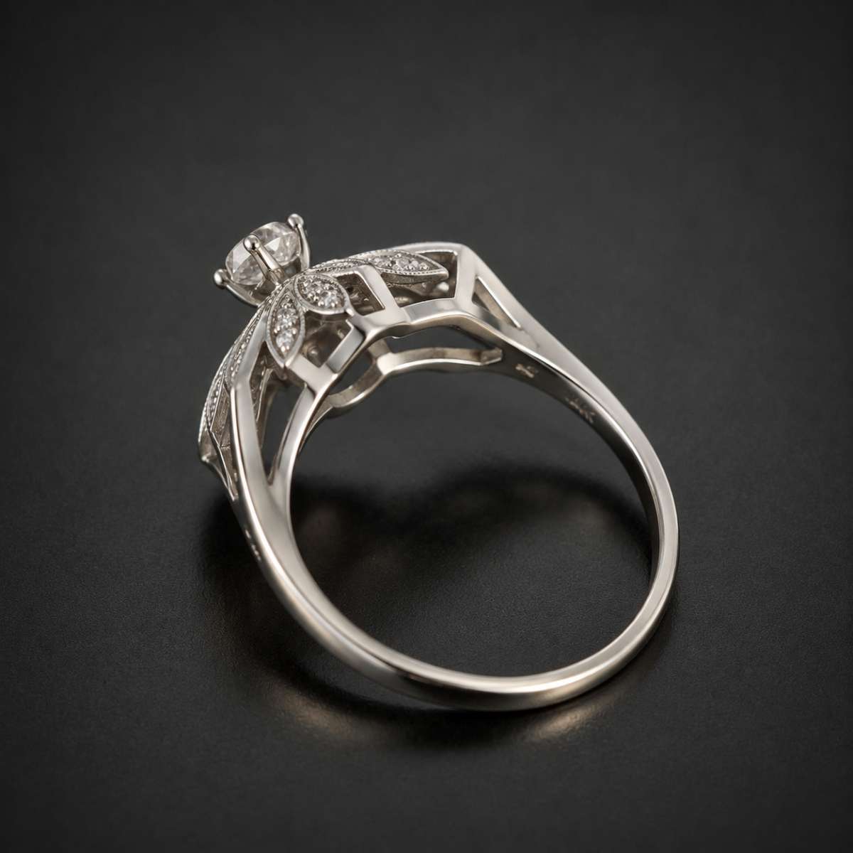 Vintage Estate Diamond Ring – 14K White Gold Filigree Leaf Design, Genuine Diamond Center