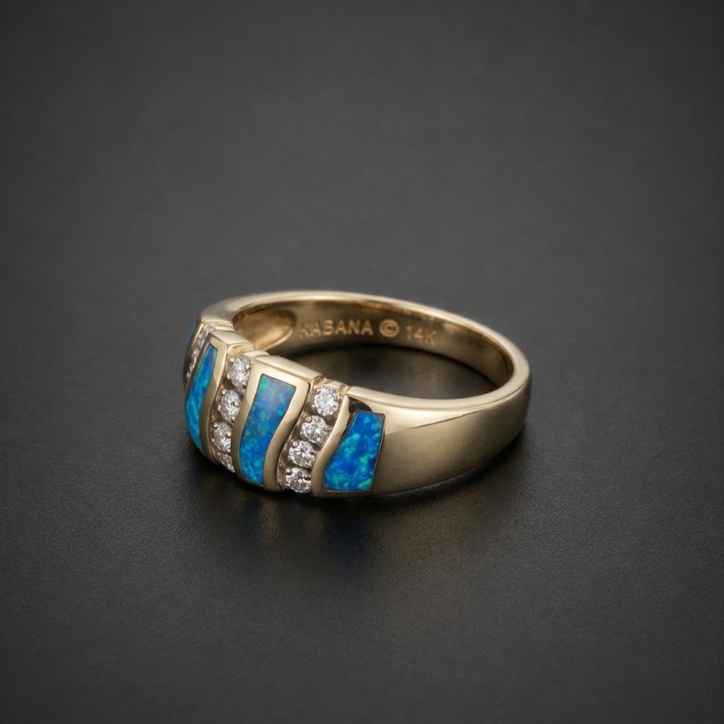 Authentic Vintage Kabana 14K Yellow Gold Australian Opal Inlay & Diamond Wave Band Ring – Size 11 (9.0g)
