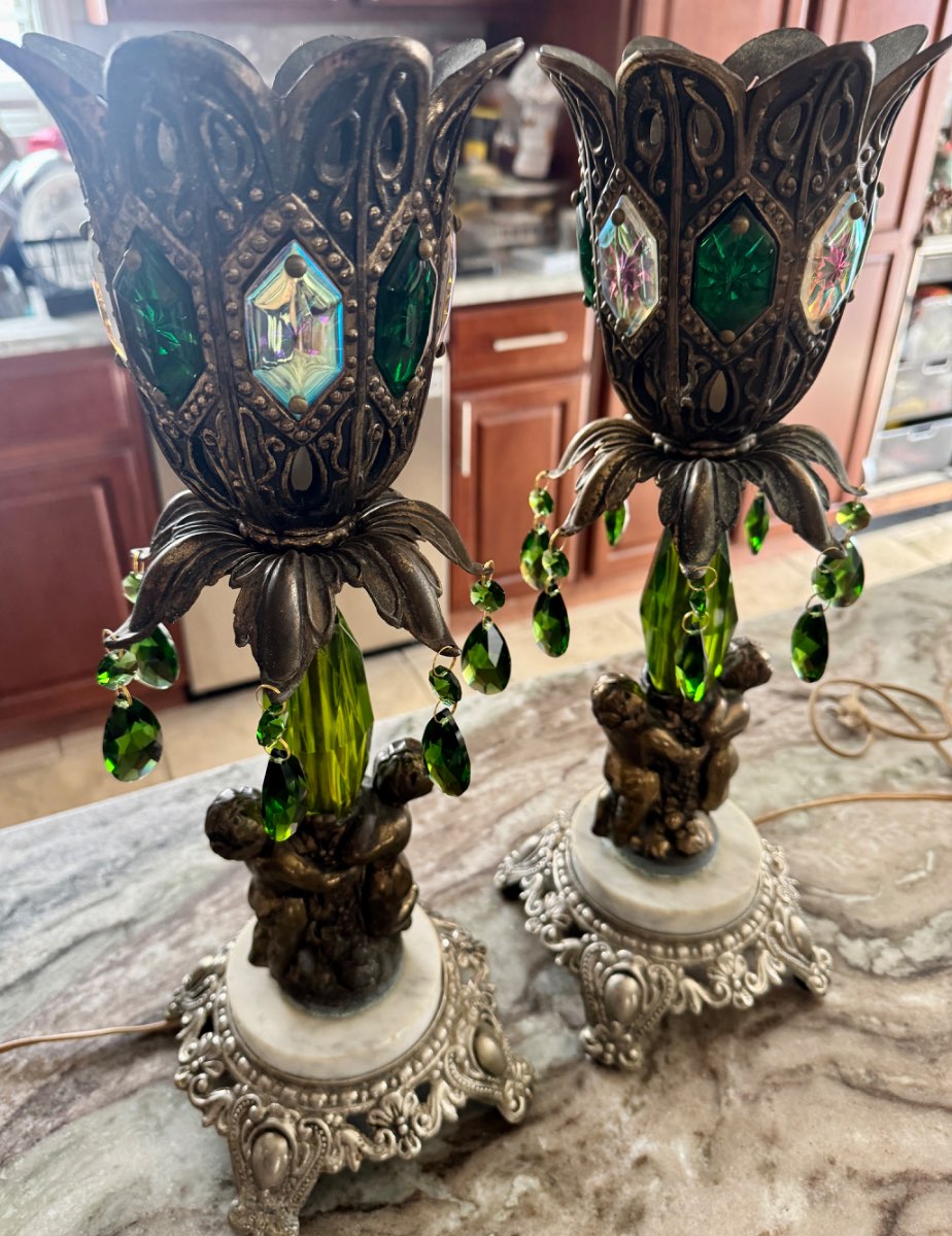Pair of Hollywood Regency Cherub Lamps with Green Prisms