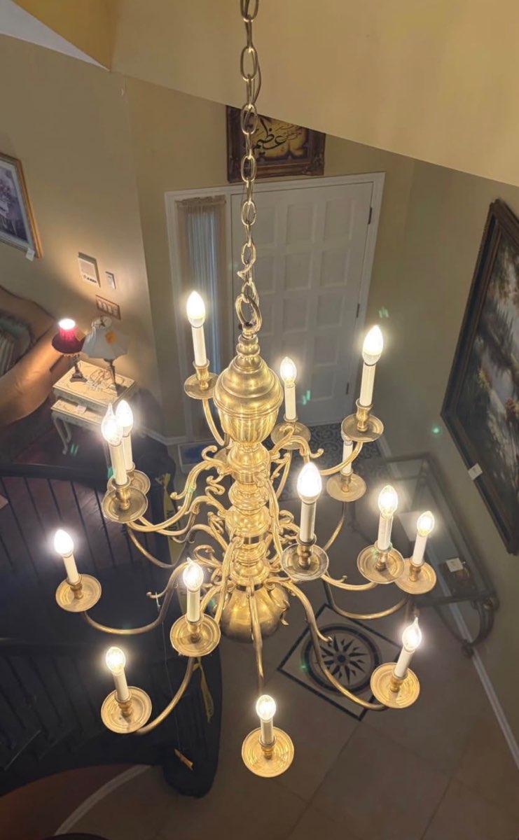 Large Brass Chandelier with Adjustable Chain