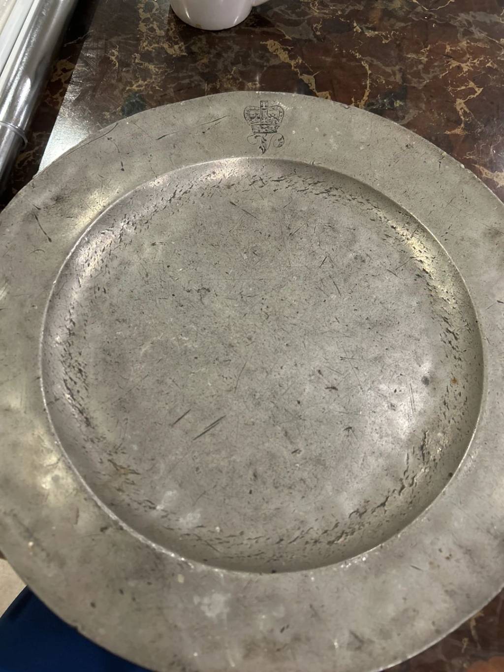 Antique 18th Century Pewter Charger Platter 12.5" � Crown HB Hallmark Stamped