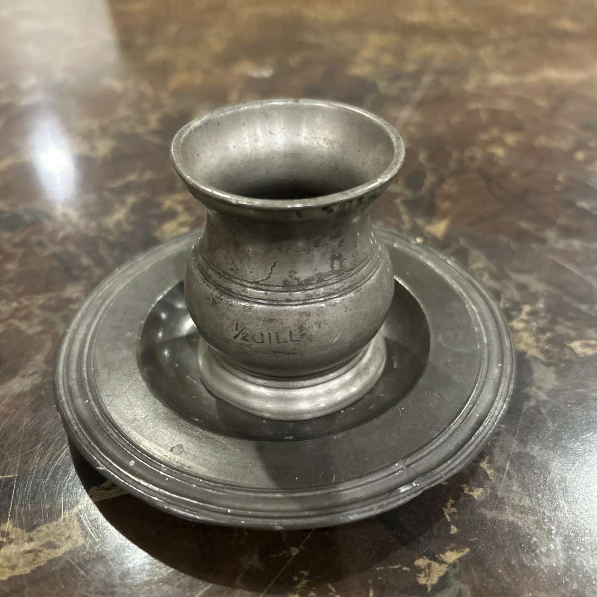 Antique 18Th-Century English Pewter 1/2 Gill Measure Cup And 4-1/2” Plate Set