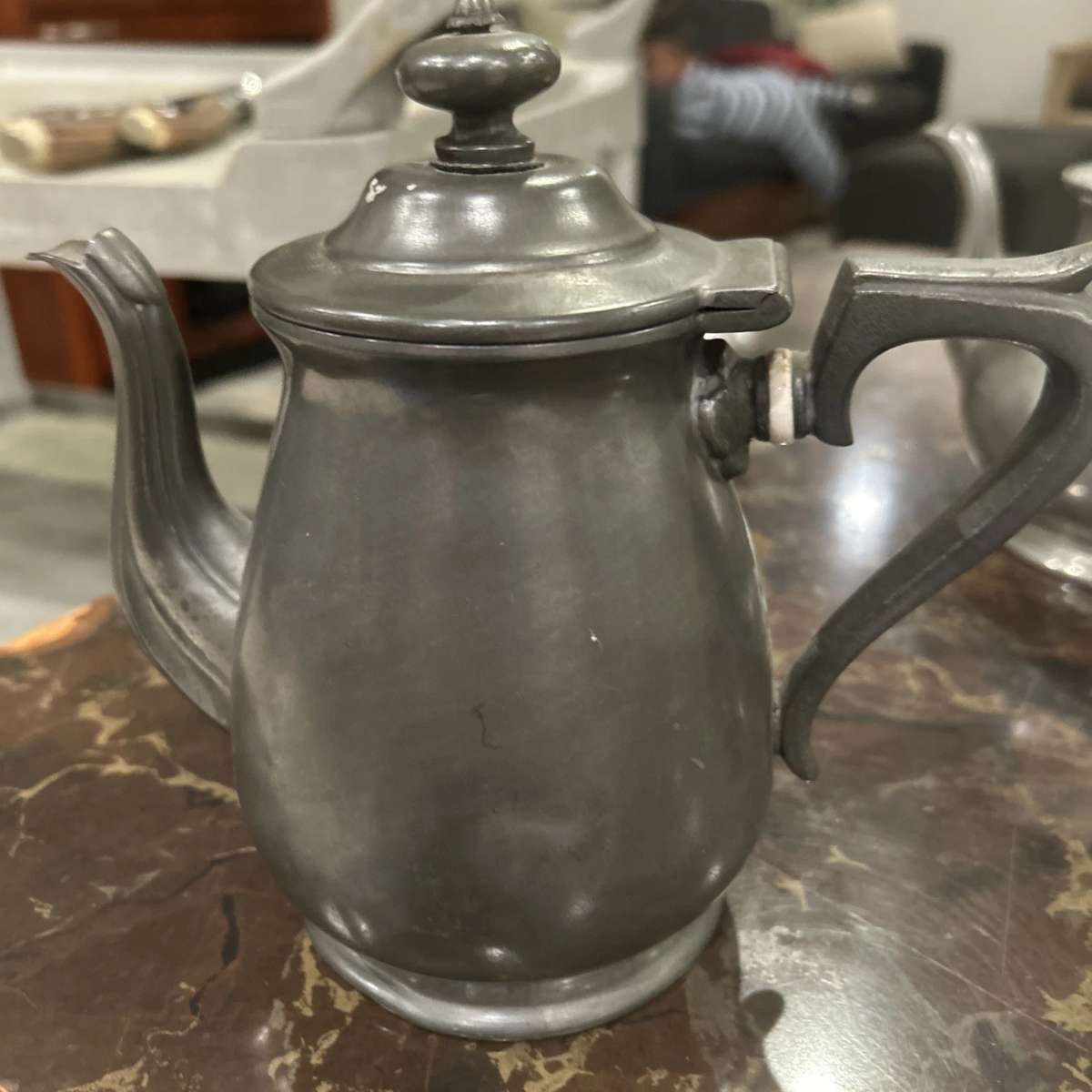 Antique Victorian Shaw & Fisher Sheffield Pewter Teapot Hinged Lid England Mark