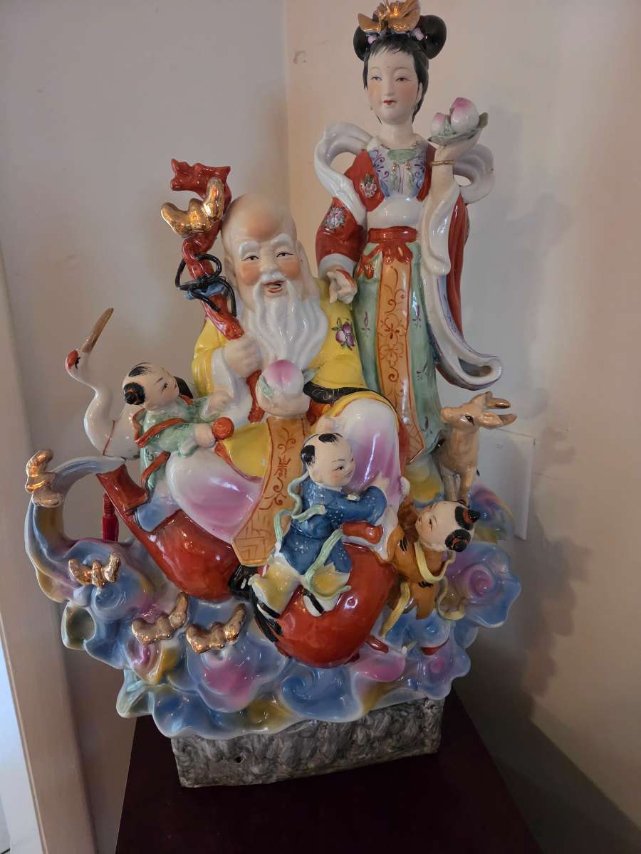 Monumental Chinese Porcelain Shouxing & Magu Longevity Figural Group with Crane & Deer (24" x 18")