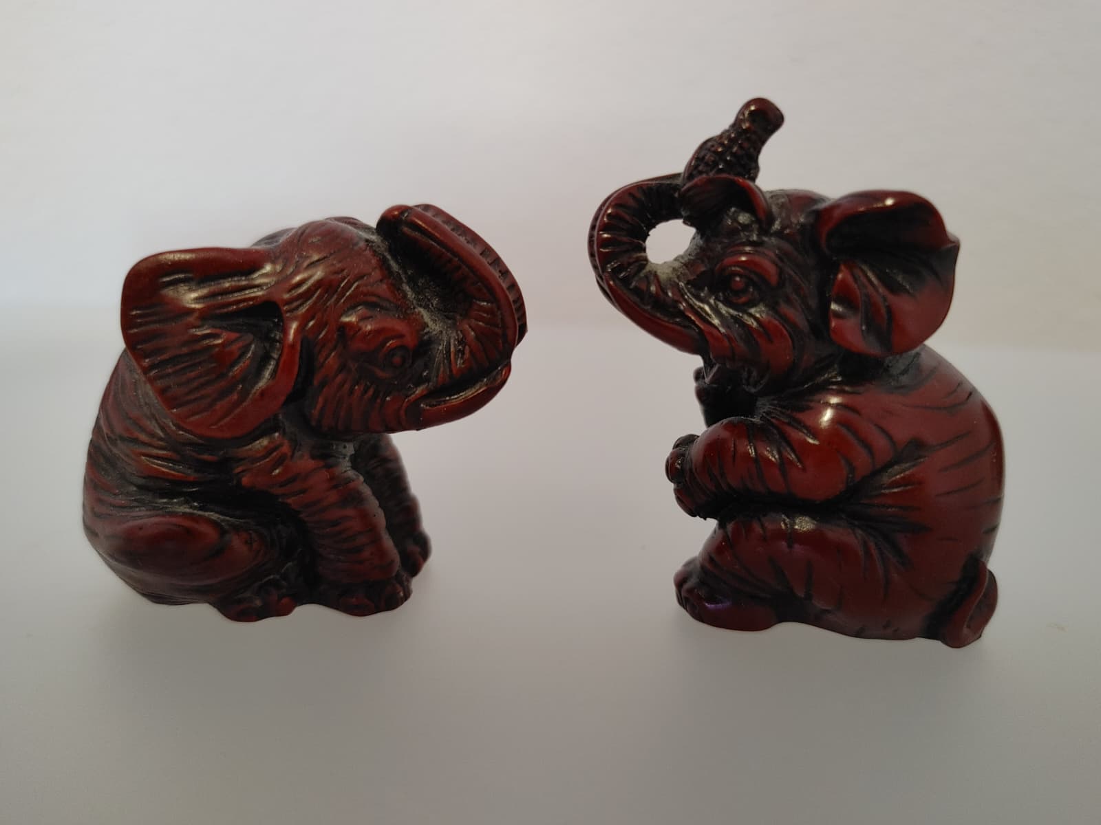 Vintage Cinnabar-Style Red Resin Lucky Elephant & Foo Dog Guardian Statues (Set of 4)